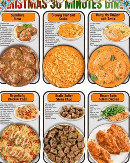 CHRISTMAS 30-MINUTE DINNERS Fast, festive, and full of flavor — these holiday weeknight meals are ready in 30 minutes or less and guaranteed to make December dinners EASY & DELICIOUS! 🍽️🔥 🥩 1. Salisbury Steak Ingredients: • 1 lb ground beef • 1 egg • ½ cup breadcrumbs • 1 tbsp Worcestershire • 1 packet onion soup mix • 2 cups beef broth • 2 tbsp flour Instructions: Mix beef, egg, breadcrumbs, Worcestershire, soup mix → form patties. Sear 3–4 mins per side. Add broth flour → simmer until thick