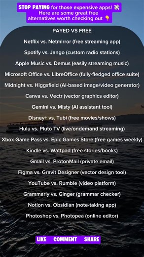 Still I Walk on Instagram: "Stop paying for those expensive apps! 💸 Here are some great free alternatives worth checking out 👇 PAID VS FREE Netflix → Netmirror (free streaming app) Spotify → Jango (custom radio stations) Apple Music → Demus (easy music streaming) Microsoft Office → LibreOffice (full office suite) Midjourney → Higgsfield (AI image/video generator) Canva → Vectr (vector graphics) Gemini → Misty (AI assistant tool) Disney+ → Tubi (free movies & shows) Hulu → Pluto TV (free live &
