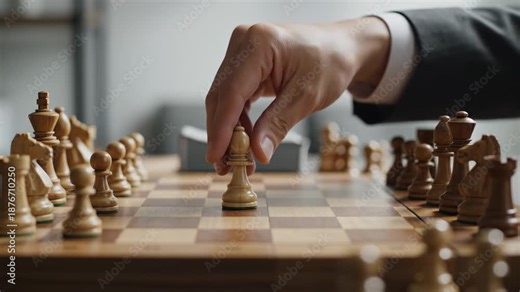 Strategic Decision In Office, Manageric Gesture Indicates Planning Intent, Highlevel Official Communicates Deliberate Strategic Plan Through Chess Piece Movement On Office Table
