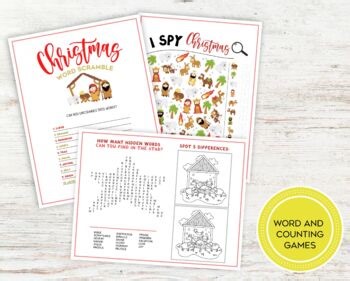Nativity Christmas Activity Worksheets, Word Search, Word Scramble, I Spy