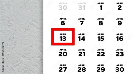 The date April 13th marked with a red cursor on the wall calendar 2026