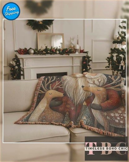 Christmas Woven Blanket – Cozy Cotton Throw with Santa Claus Reindeer Design