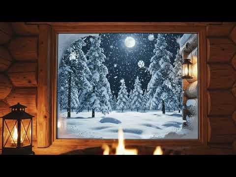 Cozy Cabin Window Snowfall ❄️ Fireplace Glow & Winter Night Forest | Relaxing Snow Ambience