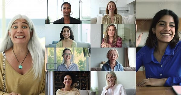 Diverse age and race multiethnic women take part in videocall, footages, faces collage view. Worldwide communication using videoconference, modern tech, professional on-line remote counselling event