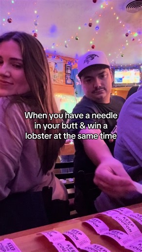 New Years Eve meat raffle during booty shot time 😅 when IVF shot times roll around, there’s not backing down. There was a long AF line to the bathroom & we couldn’t wait any longer. Thankful for my husband who held the needle still as I jumped and cheered for my lobster while my step dad checked my numbers. I didn’t win but my husband did so I still win 🤣 #ivf #raffle #pio #ivfjourney #ivftransfer