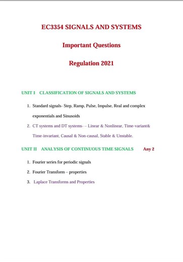 EC3354 Signals and Systems Important Questions #r21 #exam #annauniversity