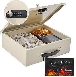 Fireproof Document Box with Combo Lock,Fire Safe Storage Box for Valuables,Fire Resistance Security Chest,Portable Fireproof Box for Documents,Passport,Cash, Extra Large, White