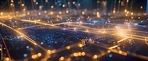 Graphic visualization overlaid with digital data streams and glowing network symbols, with bright neon circuits and holographic icons indicating artificial intelligence