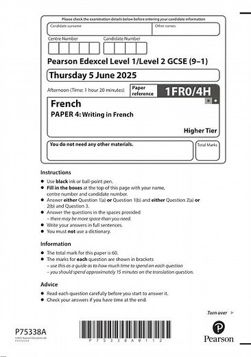 Pearson EDEXCEL GCSE French Higher Tier Paper 4 2025