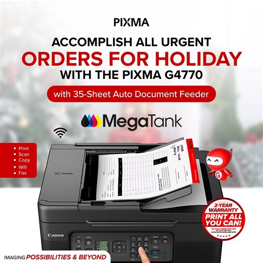 The Holiday Season is also the season of accomplishing orders for business owners. 🎁 With the help of the #PIXMA #G4770 you can continuously scan and copy documents up to 35 sheets through its Auto Document Feeder so you can be sure to finish all your orders for clients before Christmas! 🎄 💡Learn more: https://ph.canon/en/consumer/pixma-g4770/product 🛒Visit the Canon Authorized Stores near you! #TeamCanonPH #PIXMAPrintBeyond | Canon Philippines