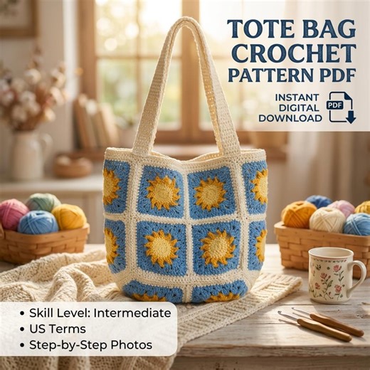Crochet Tote Bag Pattern, Sunburst Granny Square, Boho Floral Summer Bag (PDF Download) - Etsy
