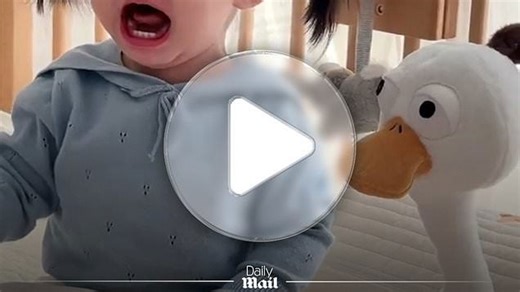 Toddler reacts to imitating new toy