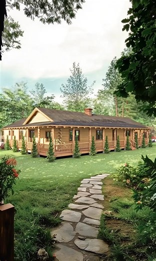 The Cozy One-Story Log House with Wraparound Porch! | Log Homes