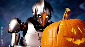 android carves a halloween pumpkin with flawless technique and vivid colors Stock Video