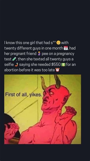 Partner Caught Cheating on Instagram: "20 guys in one month… and she still found a way to flip the script 💀🚩 📖 Summary / Value: This girl was with 20 different guys in just one month, then had her pregnant friend pee on a pregnancy test 🤰. She snapped a selfie 📸 and sent it to all 20 of them, asking each for $550 for an “abortion” before it was too late. ⏰ Follow @partnercaught.cheating"