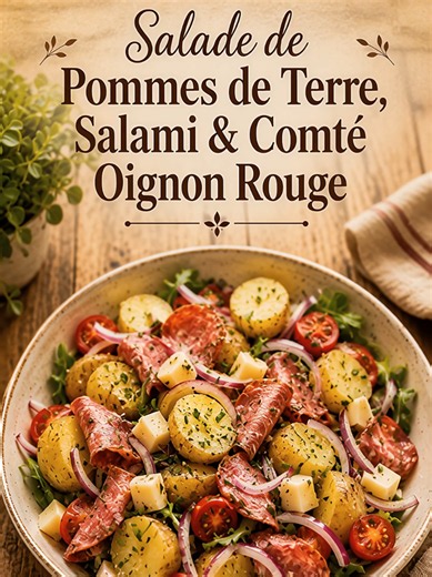 Salade de Pommes de Terre, Salami & Comté Une salade généreuse, savoureuse et pleine de caractère, parfaite pour un repas complet ou un pique-nique gourmand. 🧾 Ingrédients (pour 4 personnes) 600 g de pommes de terre grenaille 150 g de salami 120 g de comté 1 petit oignon rouge 150 g de tomates cerises 150 g de salade verte (roquette ou mâche) Quelques brins de ciboulette Pour la vinaigrette 4 cuillères à soupe d’huile d’olive 1 cuillère à soupe de vinaigre de vin rouge 1 cuillère à café de mout