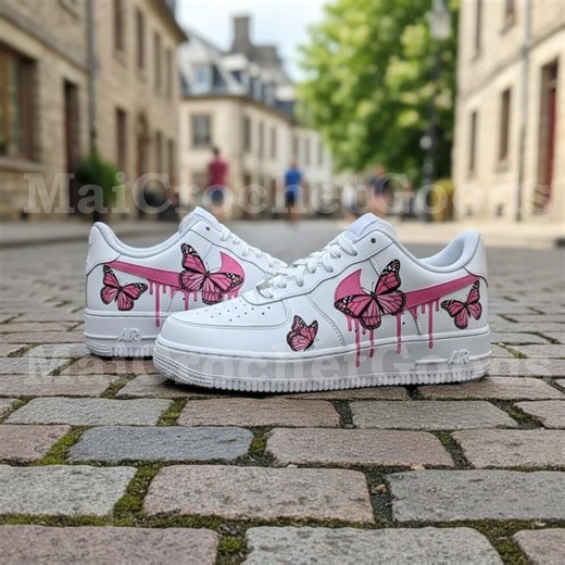 Custom AF1 White Pink Butterfly Sneakers With Drip Detail, Air Force One Low Shoes - Etsy
