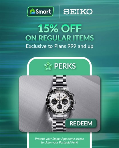 Unlock a timeless deal from Seiko with 15% OFF on regular items! To redeem, simply show your Smart App home screen at Seiko PH's physical stores or use your Smart Postpaid Perks voucher code at their official website upon check-out. NO POINTS NEEDED! Exclusive to Plans 999 & up. #SmartPostpaidPerks | Smart Communications, Inc.