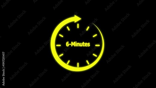 Animation text 6 min with arrow. Eighteen min Animation video timer icon with 6 min. timer 6 minutes countdown.