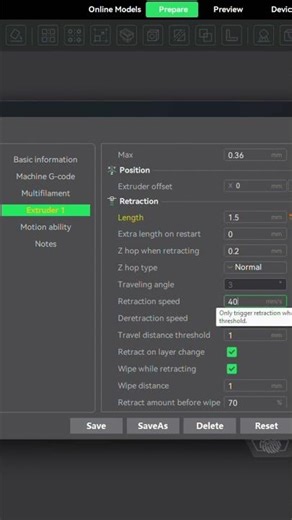 Retraction settings direct drive extruder