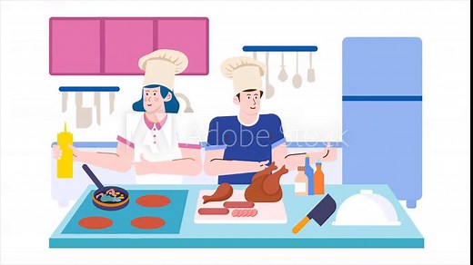 Colorful illustration of two cartoon chefs preparing a variety of dishes in a modern kitchen animated video