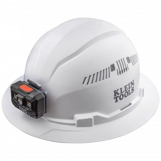 Hard Hat, Vented, Full Brim with Rechargeable Headlamp, White - 60407RL | Klein Tools