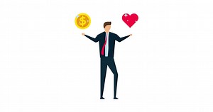4k animation of Work life balance, confuse businessman with big coin with the word work and life heart shape in other hand
