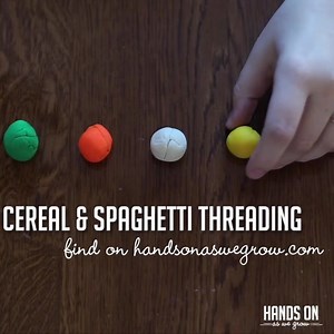 2.3K views · 15 reactions | This basic threading activity is super simple to set up. ... Roll the play dough in balls, or you could do a long tube like we did in the skip counting activity. ... https://handsonaswegrow.com/cereal-threading-activity/ Grab a Cheerio and thread it onto the spaghetti. | Hands On As We Grow: Activities for Toddlers & Preschoolers | Facebook