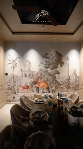 Wall Master Abdullah on Instagram: "A dining space wrapped in nostalgia, where palaces and old-world tales come alive through a serene storytelling mural. Luxury project by @studioahdw [WallMaster, WallMasterHome, AbdullahKapadia, Naturals, Textured, Specialty WallCoverings]"