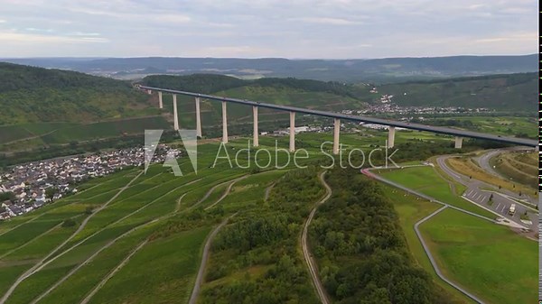 High Moselle bridge, Mosel river valley Zeltingen Rachtig, highway crossing through vineyard, german autobahn, aerial view