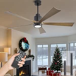 Wood Ceiling Fan with Light, 5 Blade Ceiling Fan with Light, 42 Inch Ceiling Fan with Remote Control, 6-Speed Reversible Dc Motor/Dimmable 3-Color/Timer Function, Ceiling Fan for Living Room, Patio