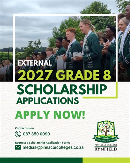 We are excited to announce that Pinnacle College Rynfield is now accepting applications for the 2027 Grade 8 Scholarship Program. This is a fantastic opportunity for talented students to thrive in a challenging and dynamic academic environment and benefit from a high-quality education that nurtures both academic excellence and personal growth. Pinnacle College Rynfield is committed to supporting talented young individuals by providing scholarships that recognise and reward academic merit, leader
