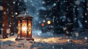video of glowing christmas candlelight lantern decoration on snowy winter street with snow flakes falling during winter time on christmas eve (contains AI generated images) Stock Video