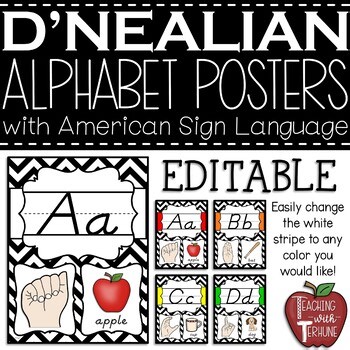 Alphabet Posters with ASL Hand Signs | Chevron Theme | D'Nealian | EDITABLE