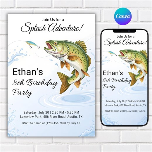 Fishing Birthday Invitation Canva Template | Editable Fishing Party Invite | Boy Birthday Invite Printable Download