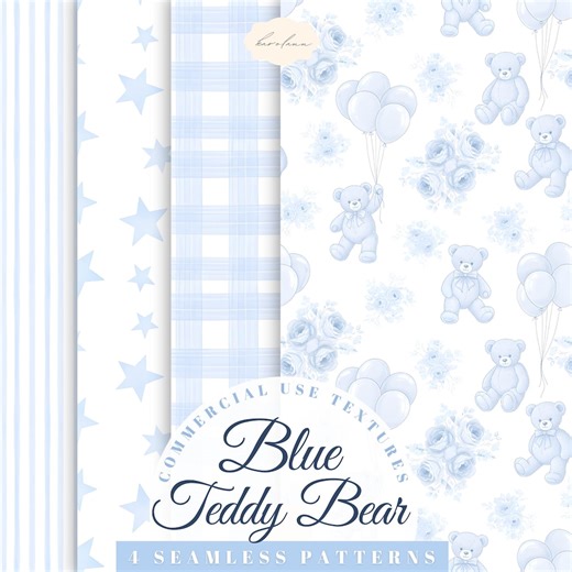 Blue Teddy Bear Bundle, Seamless Nursery Pattern, Chinoiserie Toile De Jouy, Digital Paper, Checkered Gingham Baby Boy Fabric Wallpaper Png - Etsy Ireland