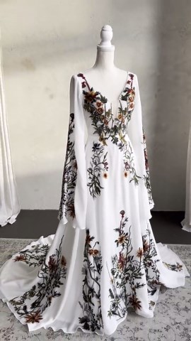 Boho Floral Wedding Dress Cape Sleeve Embroidered Dress Wedding Colorful Wildflower Wedding Gown Hippie Long Wide Sleeve Bridal Dress Fairy - Etsy