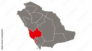 Mecca province blinking red highlighted in map of Saudi Arabia