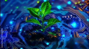 Digital green tree on computer circuit board, plant growing in digital motherboard fusion of technology with nature
