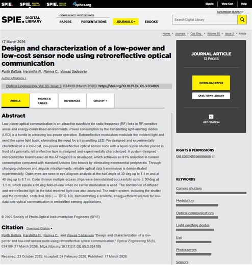 Low-Power Sensor Node via Retroreflective Optical Communication Published in SPIE | Pujith Battula posted on the topic | LinkedIn