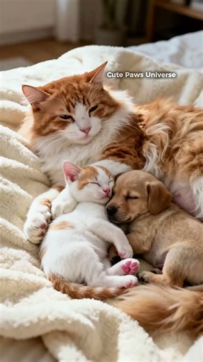 Heartwarming Moment: Cat Hugs Puppy and Kitten as They Sleep Peacefully in a Blanket of Love 🐾💤