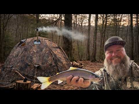 4 Days Solo Winter Camping on a Mountain - Camp Cooking & Trout Fishing -