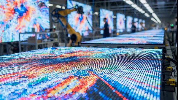 View of an LED screen assembly line each stadiumsize panel undergoing rigorous burnin testing with vivid graphics to verify image integrity.