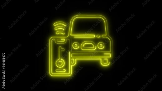Neon Smart Car Key Icon Video HD - Glowing Car and Mobile Key Wireless Access Symbol on Black Background Animation for Vehicle Technology and Remote Unlocking