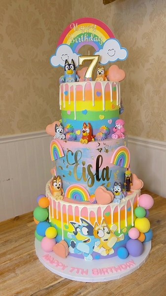 Loved making this Bluey cake 😍🌈 #bluey #blueyshow #3tiercake #3tier #dripcake #rainbowcake #rainbow #customcake #happybirthday #birthdaycake #birthdaycakeideas #bakingszn #bakingtiktok #customcake #vancouverbc