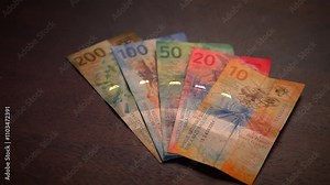 Close up dolly shot showing many different swiss franc banknotes - Cash Money Counting. Swiss Francs Banknotes