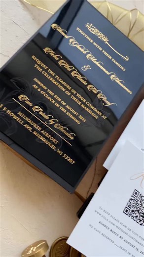 World of Wedding Co. | Luxury Wedding Invitations on Instagram: "This black acrylic invitation with gold lettering sets the tone for a truly luxe celebration. #blackacrylicinvitation #goldfoilwedding #modernweddinginvite #weddingstationerylove #luxuryinvitations"