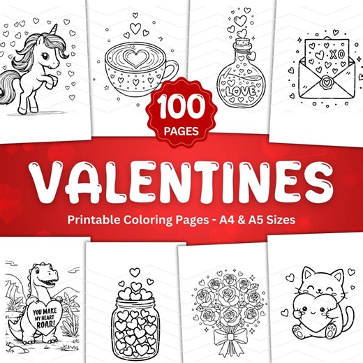 100 Valentine Coloring Pages for Kids, Printable Valentines Day Colouring Activity Easy Coloring Sheets - Etsy
