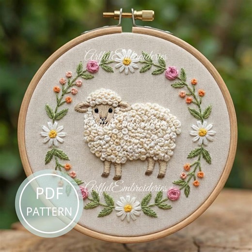 Sheep Hand Embroidery Pattern, Floral Lamb Hoop Art, Textured Stitch PDF Tutorial, DIY Farm Animal Craft, Cottagecore Nursery Decor - Etsy
