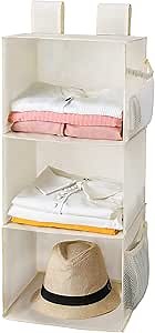 MAX Houser 3-Shelf Hanging Closet Organizer, Hanging Sweater Organizer, Foldable Hanging Shelves for Closet with 2 Velcro, Beige